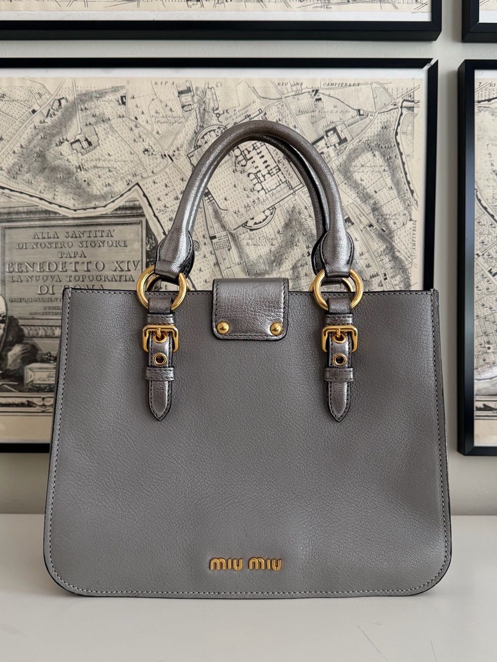 Miu Miu Neutral Leather Buckled Satchel with Gold Hardware